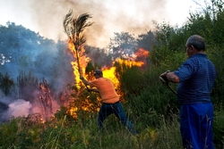 Veciños participando nas labores de extinción do incendio de Cualedro/ Óscar Pinal