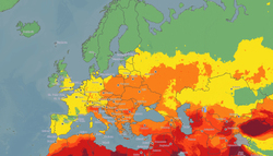 Mapa da Organización Mundial da Saúde que mostra os niveis de contaminación do aire en Europa, sendo as zonas verdes as que se atopan en índices aceptables para a saúde e o resto, por riba do aconsellado / OMS.