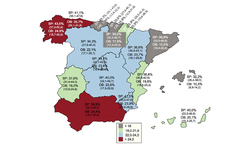 Mapa da prevalencia de obesidade na poboación adulta (25-64 anos) por comunidades autónomas. OB: obsesidade; SP: sobrepeso / Revista Española de Cardiología. 