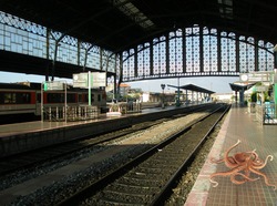 Fotomontaxe do polbo no andén da estación de ferrocarril de Compostela/Tempos Galegos