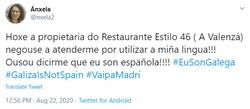 Captura de pantalla do tweet no que unha muller denuncia que non a atenderon nun local por falar en galego/twitter