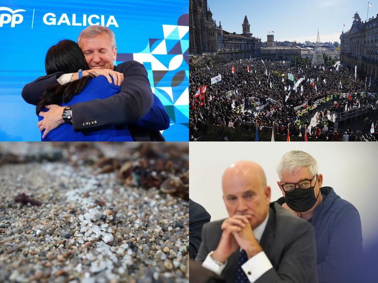 Catro dos momentos máis destacados do ano 2024 en Galicia: Alfonso Rueda celebra a maioría absoluta do PP, manifestación en Santiago contra Altri, vertido de pélets plásticos e Francisco Garzón e Andrés Cortabitarte no xuízo do Alvia / Europa Press