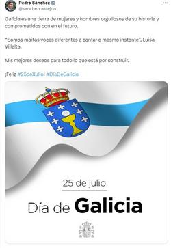 Mensaxe publicada polo presidente do Goberno, Pedro Sánchez, no seu perfil da rede social 