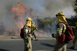 Varios bombeiros tratan de apagar un incendio / Rosa Veiga - Arquivo