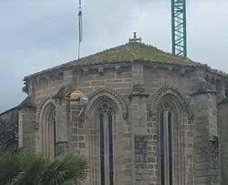 Formigoneira suspendida no aire fronte á Igrexa de Santa María do Azogue en Betanzos