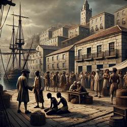 Representación creada con intelixencia artificial do porto da Coruña nos anos da escravitude / Chat GPT