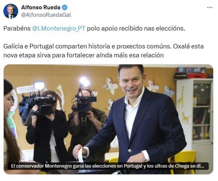 O presidente da Xunta, Alfonso Rueda, felicitou na rede social 