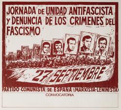 «Jornada de unidad antifascista y denuncia de los crímenes del fascismo»  Chamamento á mobilización polos últimos crimes do franquismo do 27 de setembro de 1975. Debuxo dunha manifestación con retratos dos asasinados. /Fondo Miguel Gutiérrez, CCG